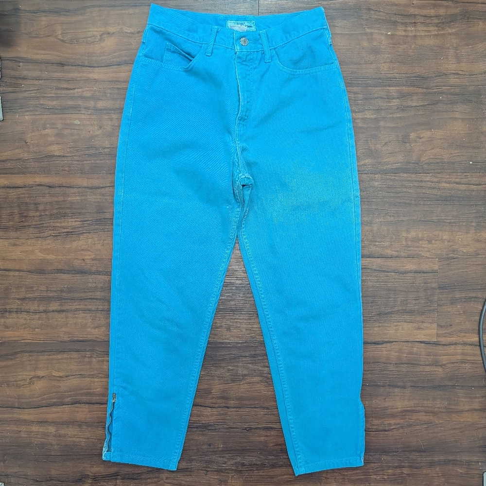 Vtg 80s Guess by Marciano USA ankle zip high-waisted aqua blue crop Mom Jeans - Picture 13 of 15